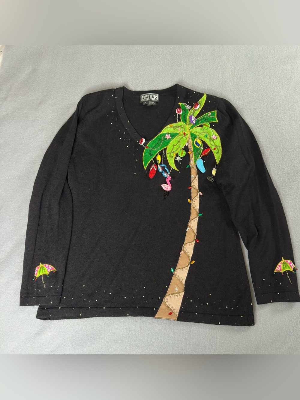 Vintage Y2K Berek Beaded Holiday Tropical Black Ramie Cotton Sweater SzM Retro